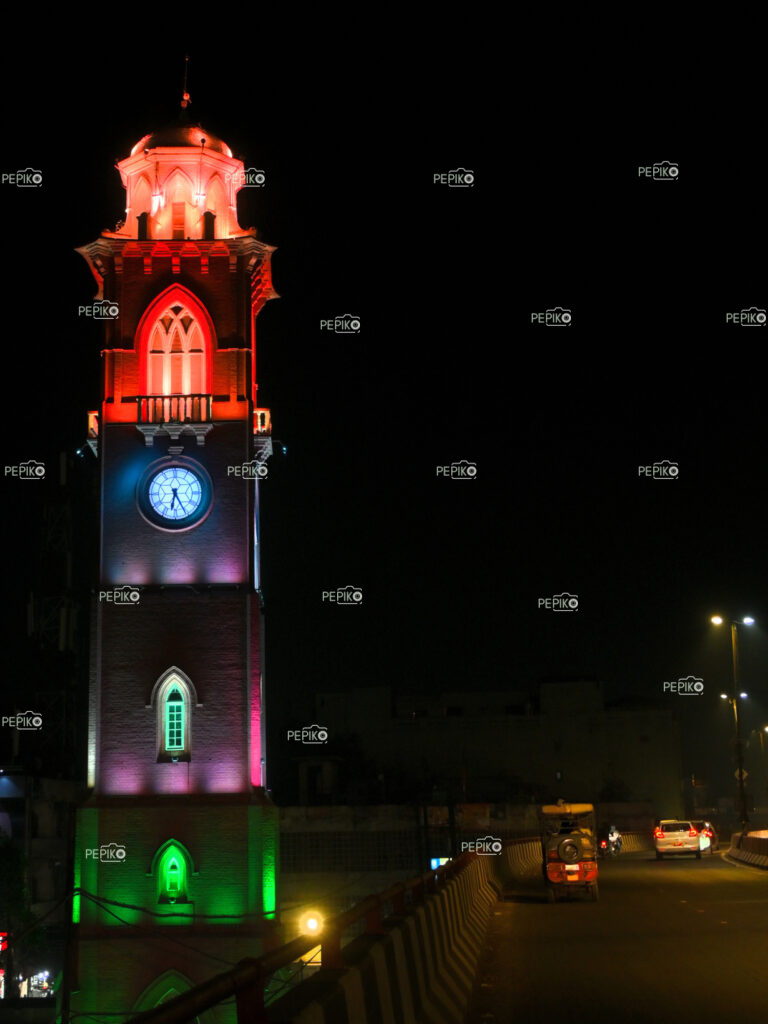 Evening / night view of giant clock tower situated in Ludhiana Punjab
