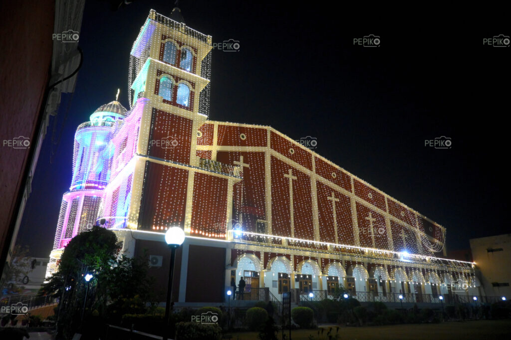 Side view of fully decorated church in Ludhiana Punjab for Christmas occasion / festival